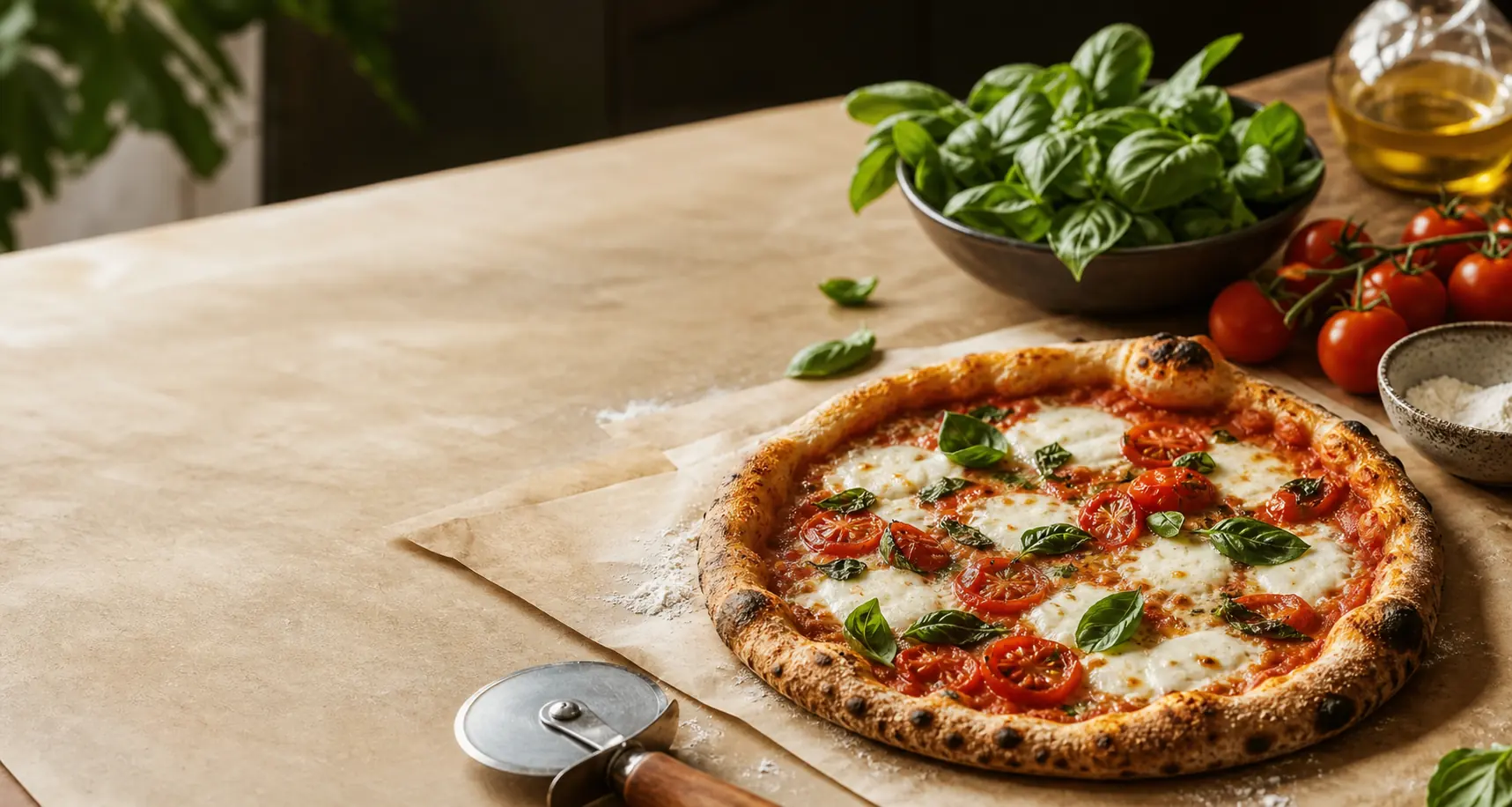 Finished pizza on a warm kitchen counter with basil, tomatoes, and olive oil