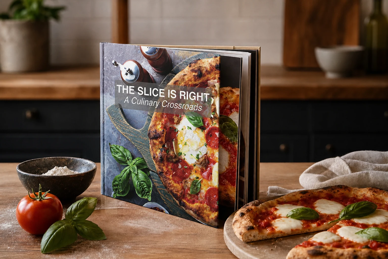 The Slice Is Right cookbook standing in a warm kitchen with tomatoes, basil, flour, and pizza